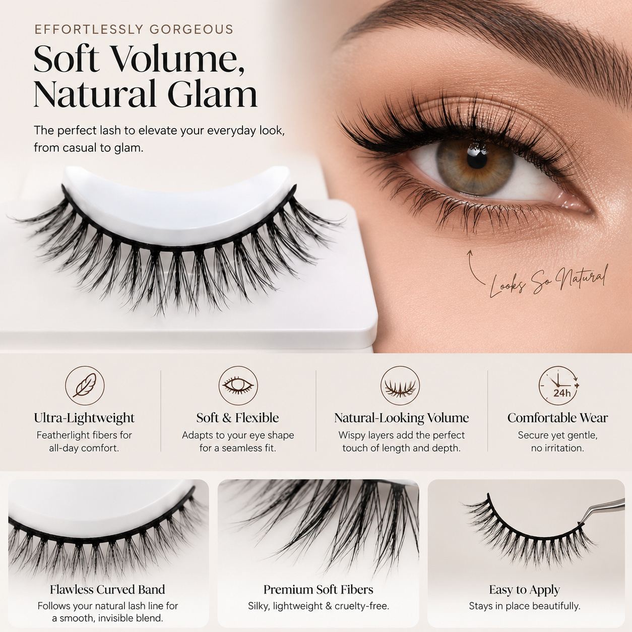 Natural Fluffy False Eyelashes – Lightweight Soft Volume Lashes with Flexible Band