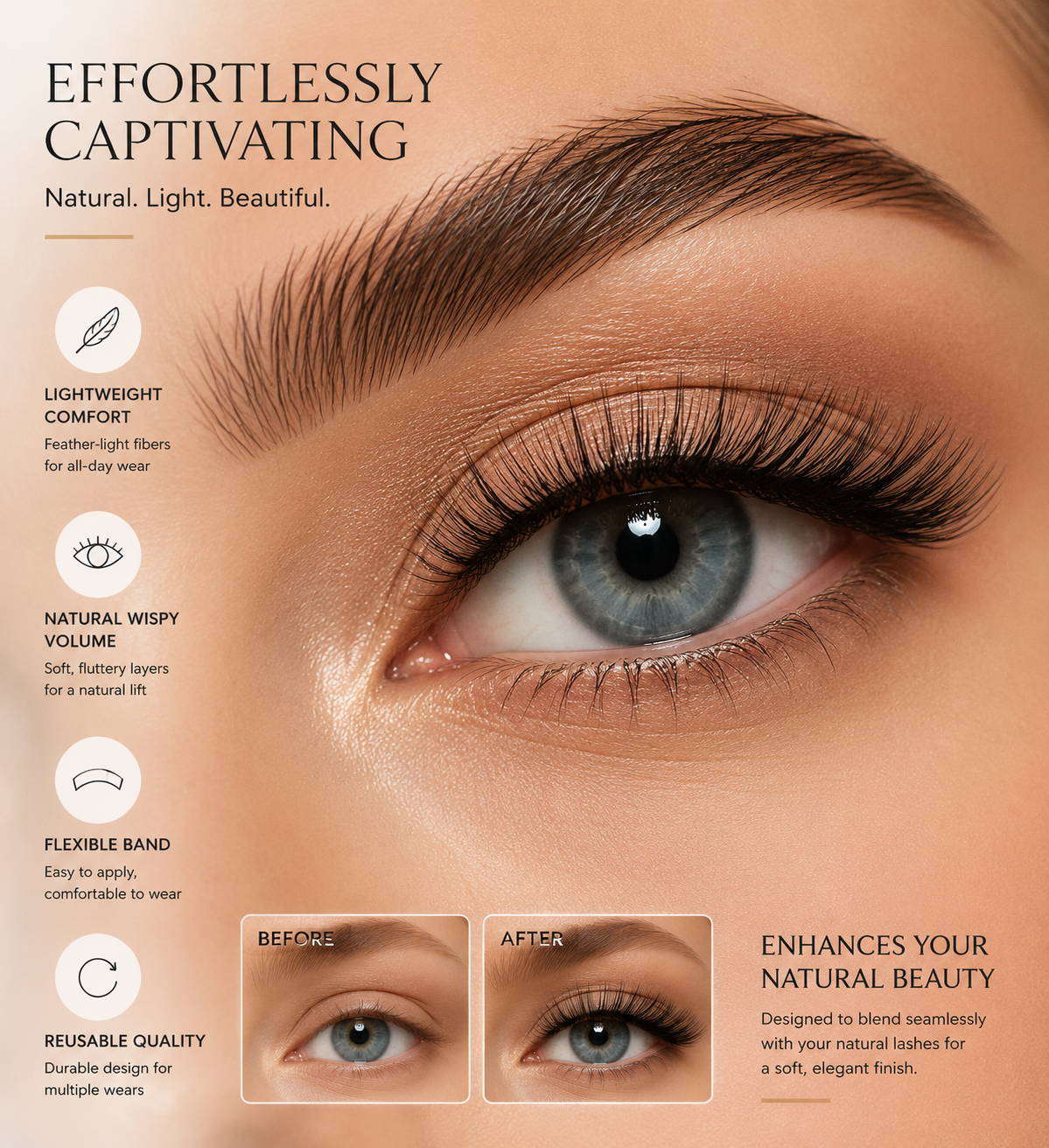 Wispy Natural False Eyelashes – Lightweight Soft Volume Lashes with Flexible Invisible Band