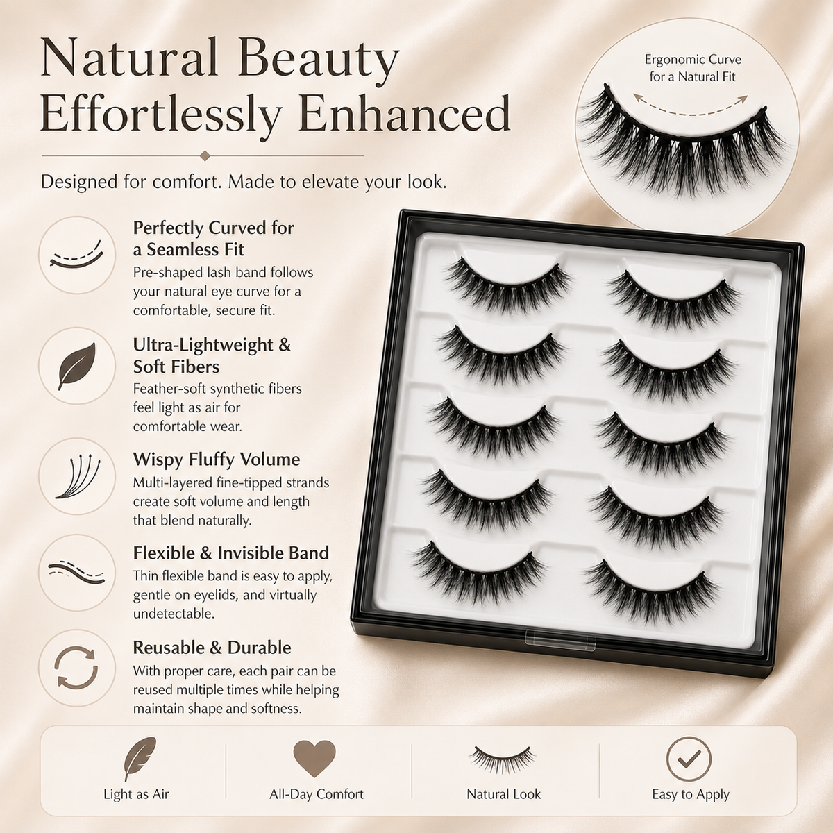 Velvitae Natural Fluffy Wispy False Eyelashes – 5 Pairs | Lightweight Layered Strip Lashes