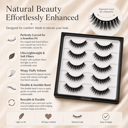 Velvitae Natural Fluffy Wispy False Eyelashes – 5 Pairs | Lightweight Layered Strip Lashes